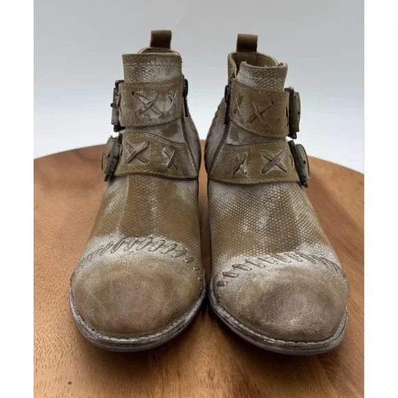 ROAN By Bed Stu Dune Heeled Leather Ankle Booties Distressed Tan White 6 - Picture 2 of 8